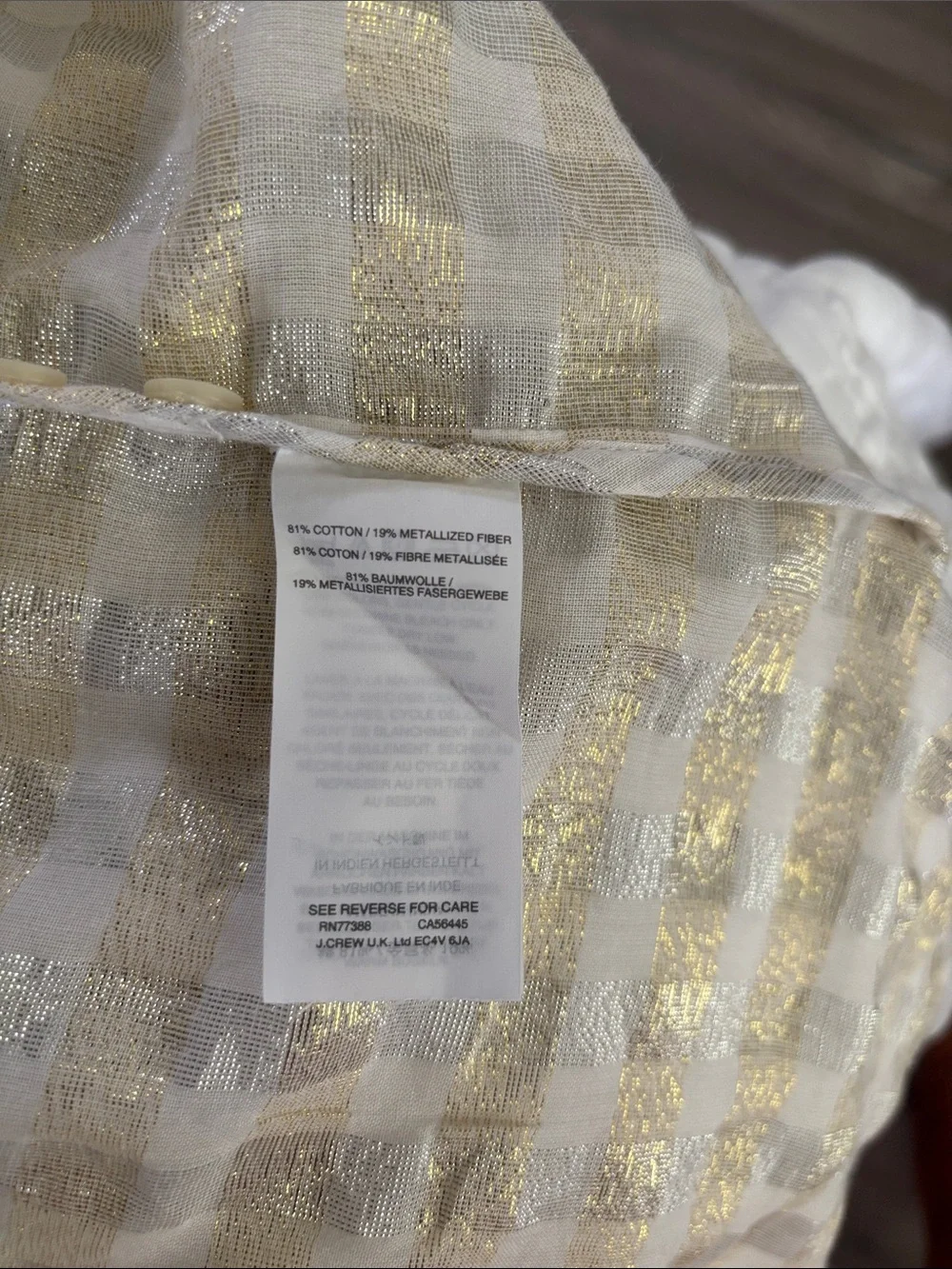 J. Crew White and Gold Soft Shimmer Metallic Check 5 Button Pop Over Shirt